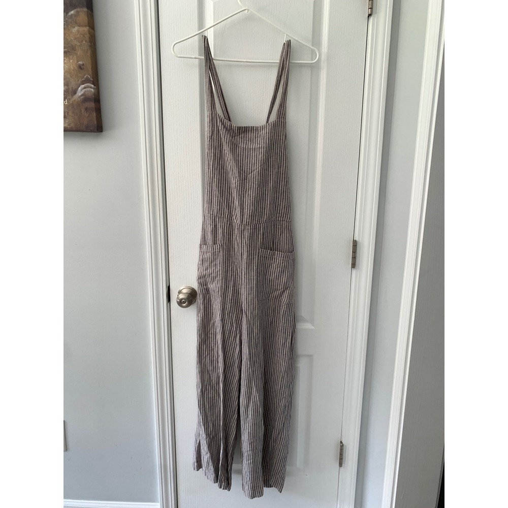 Free People Striped Linen Blend Wide Leg Overalls Jumpsuit Blue White Size 2
